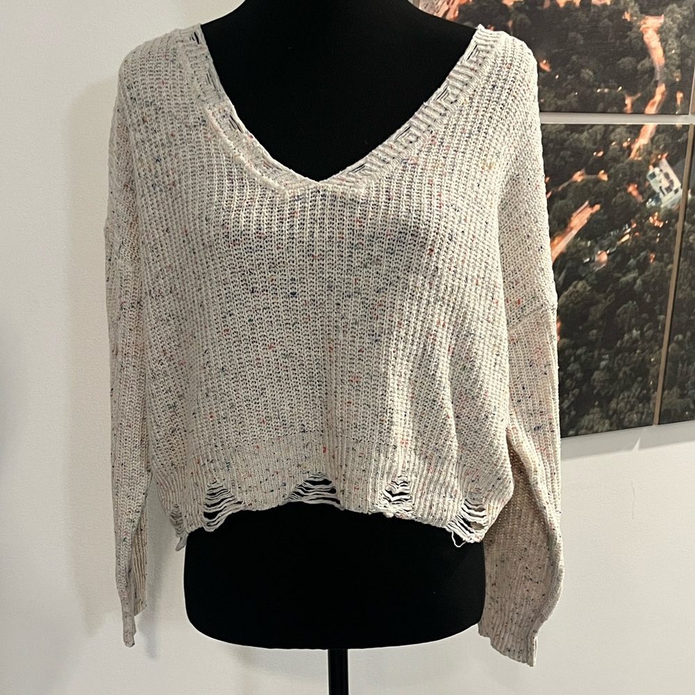 Zaful Cream V-Neck Distressed Knit Sweater